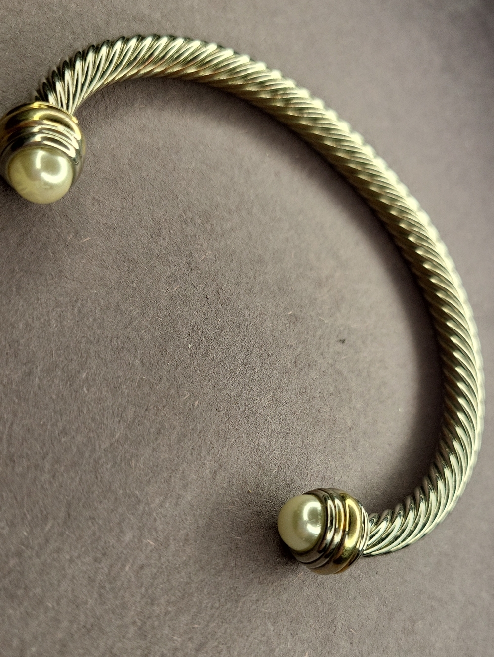 Two-Tone Twisted Cable Cuff Bracelet with Pearl End Caps